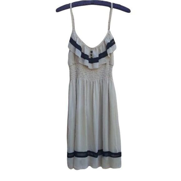 Poetry Boho Peasant Old West Ruffle Smocked Mini Dress Cream Black Sz M - Picture 1 of 8